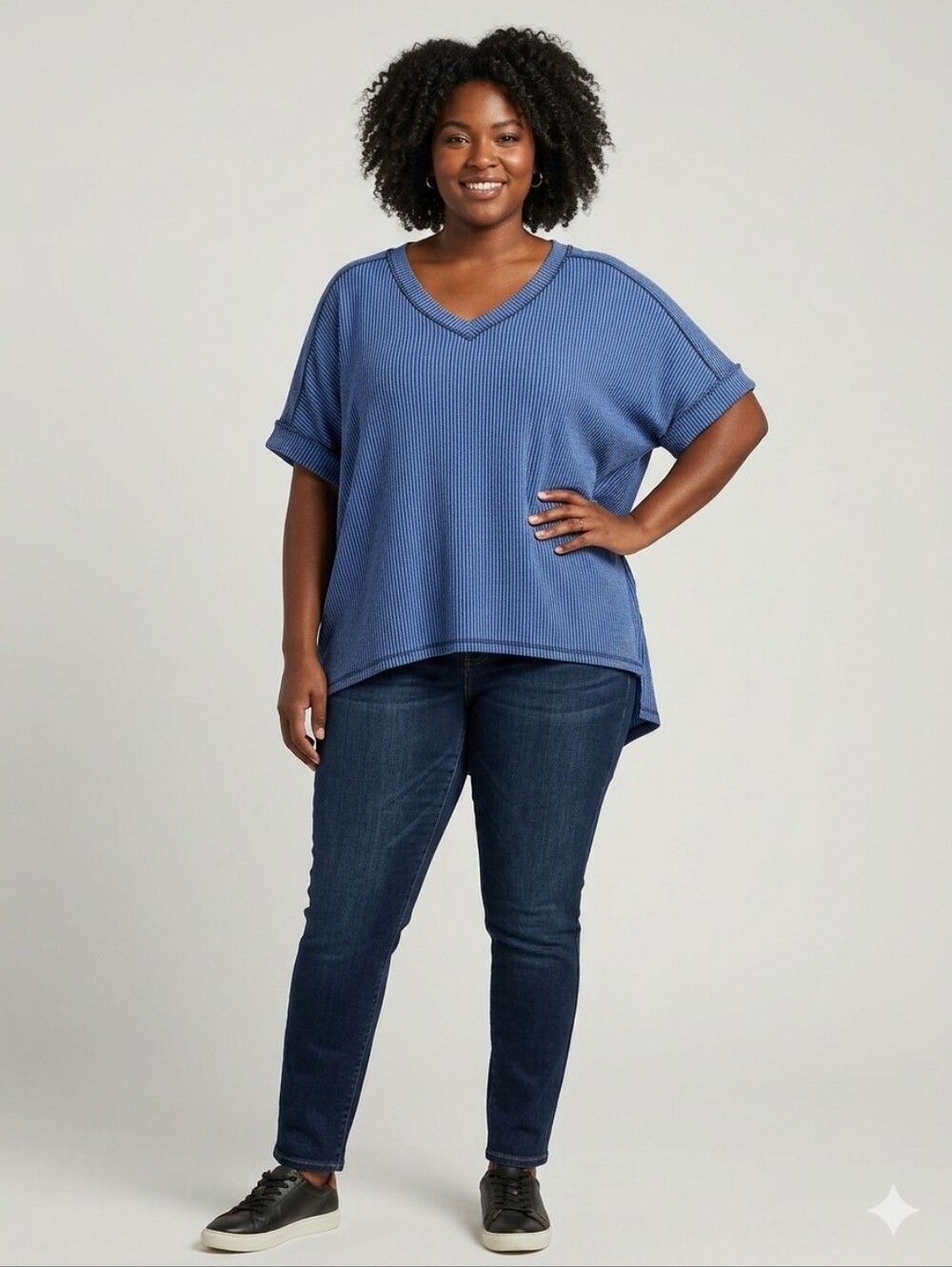 Zenana Outfitters Dusty Blue V-Neck Ribbed Short Sleeve Tunic